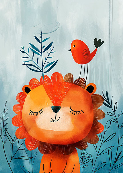 Beautiful Lion with a bird Kids Room Poster