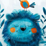 Blue Lion with a bird Kids Room Poster