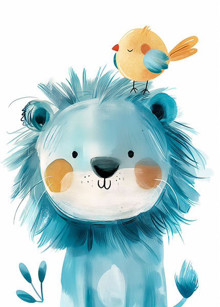 Cheeky Blue Lion with a bird Kids Room Poster