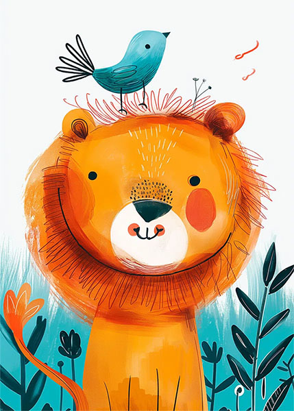 Cheeky Lion with a bird Kids Room Poster