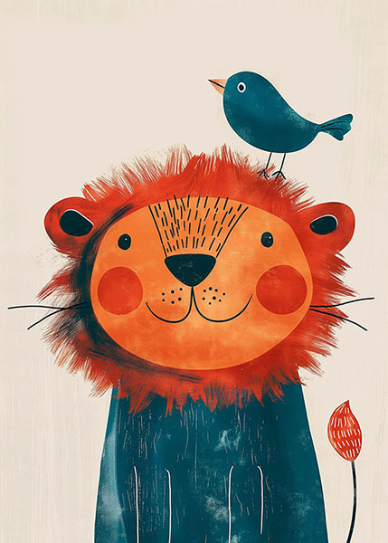 Cute Lion with a bird Kids Room Poster
