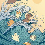 Dogs swimming great wave Kanagawa Japanese Poster