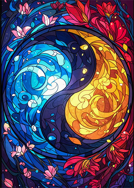 Dual Yin Yang nature of existence blossoming flowers Poster