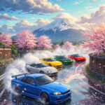 Drifting Cars Mount Fuji Anime Japanese