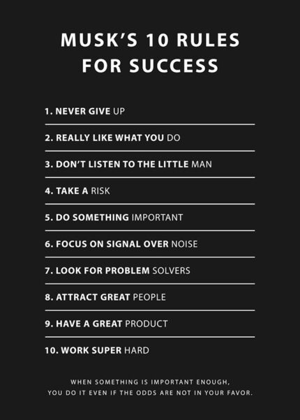 Elon Musk 10 Rules to Success motivational Quote Poster