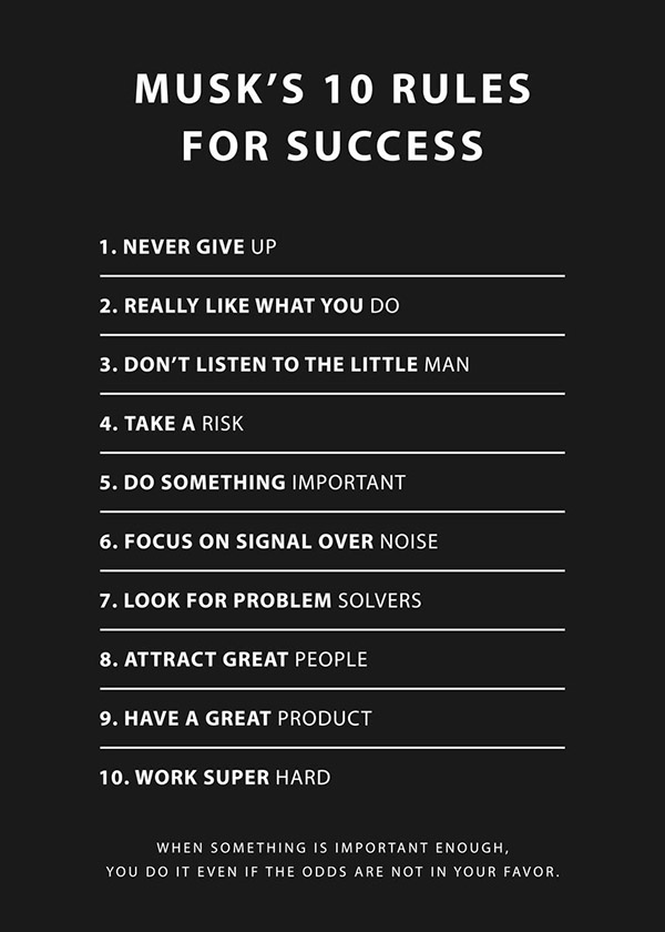 Elon Musk 10 Rules to Success motivational Quote Poster
