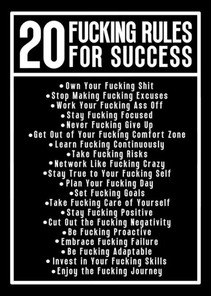 20 Fucking Rules for Success motivational Quote Poster