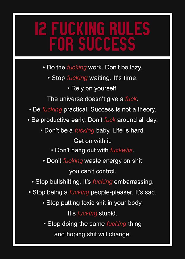 12 Fucking Rules for Success motivational Quote Poster