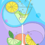Illustration with cocktail and citrus fruits in doodle style Poster