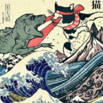 Japanese Kaiju vs cat Kanagawa waves Poster