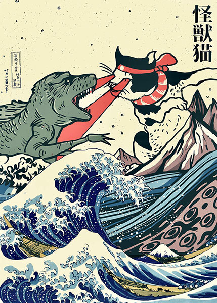 Japanese Kaiju vs cat Kanagawa waves Poster