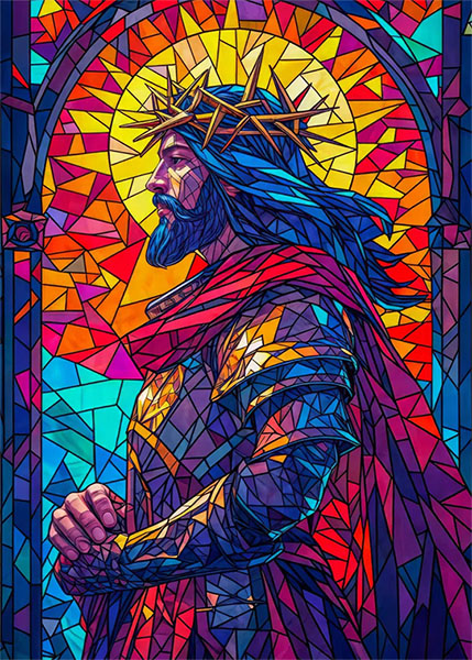 Jesus Christ with a crown of thorns radiating divine light and spiritual inspiration Poster
