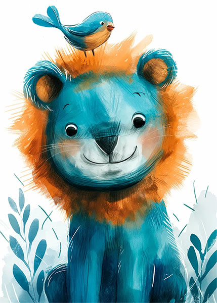 Joyful Blue Lion with a bird Kids Room Poster