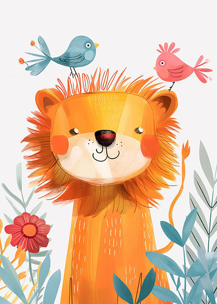 Lion with a bird Kids Room Poster