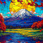 Mount Fuji with cherry blossoms and a peaceful reflection in the water Poster
