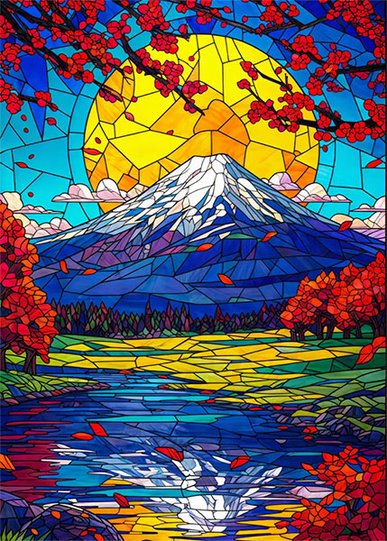 Mount Fuji with cherry blossoms and a peaceful reflection in the water Poster