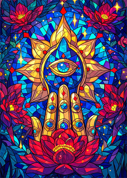 Mystical mandala hand with a third eye surrounded by vibrant lotus flowers Poster