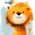Smiling Lion with a bird Kids Room Poster