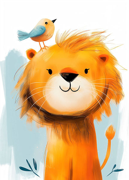 Smiling Lion with a bird Kids Room Poster