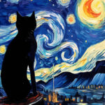 Space Starry Night Cat Painting Poster