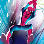 Spider Man swinging in the city comic Poster