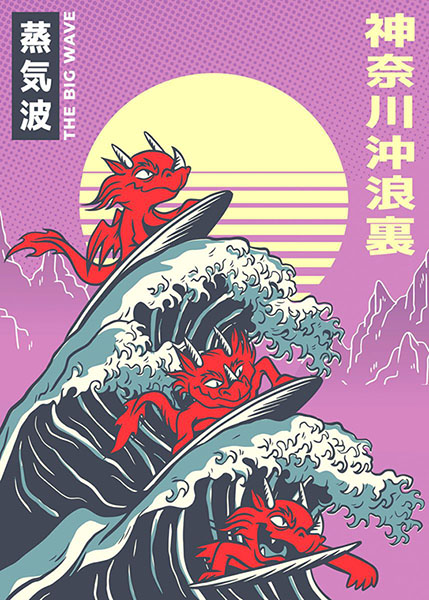 Surfing dragons great wave Poster