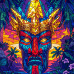 Tribal Totem set in a lush tropical landscape with glowing eyes and exotic plants Poster